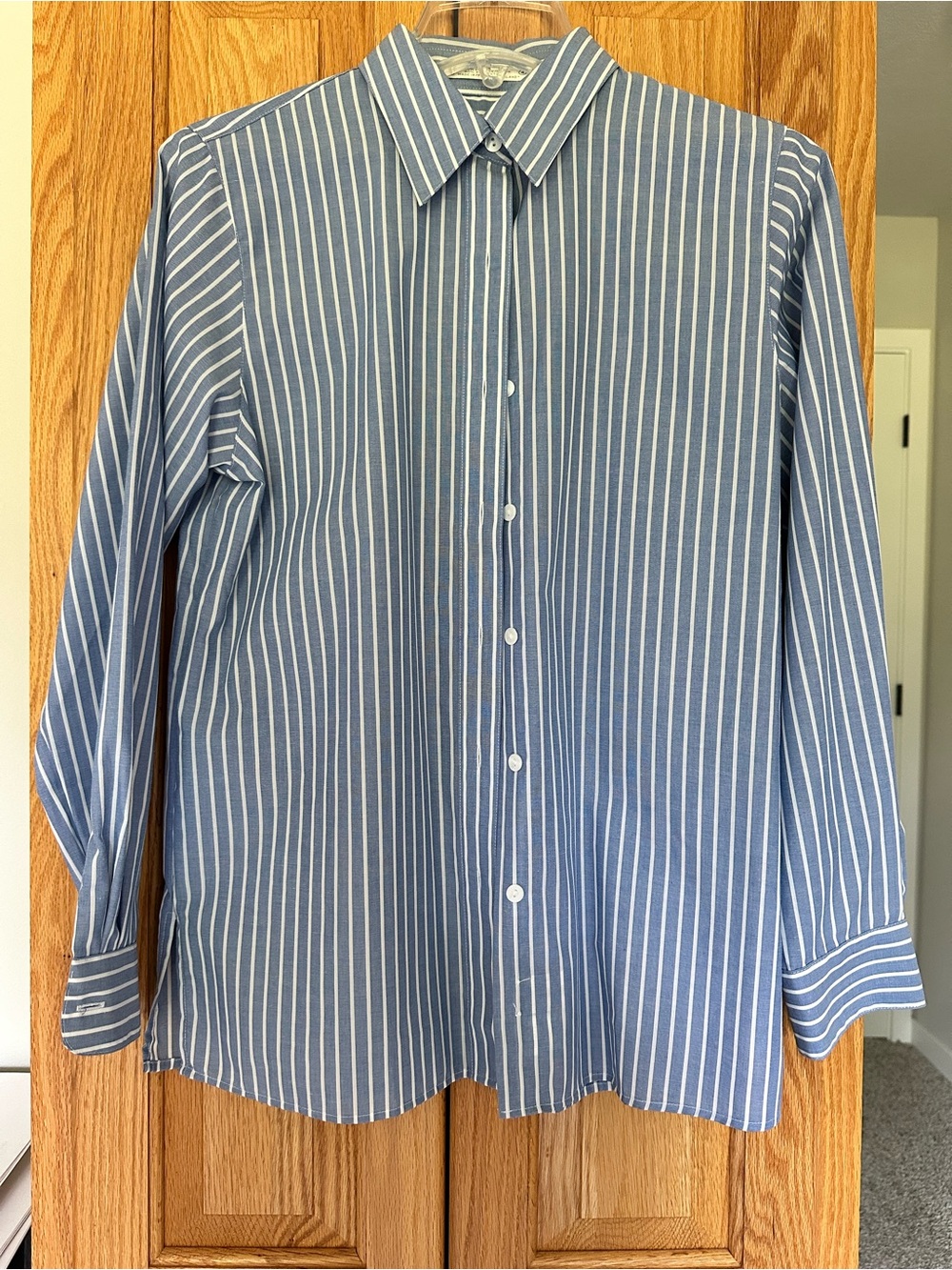 Foxcroft Classic Blue Stripe Lady’s Button-Up Shirt wrinkles free size 4 - Picture 3 of 4